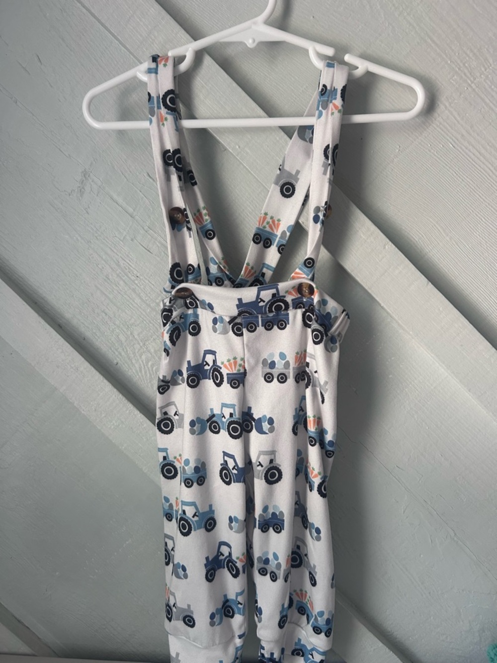 Kids White Overalls with Blue Tractor Print